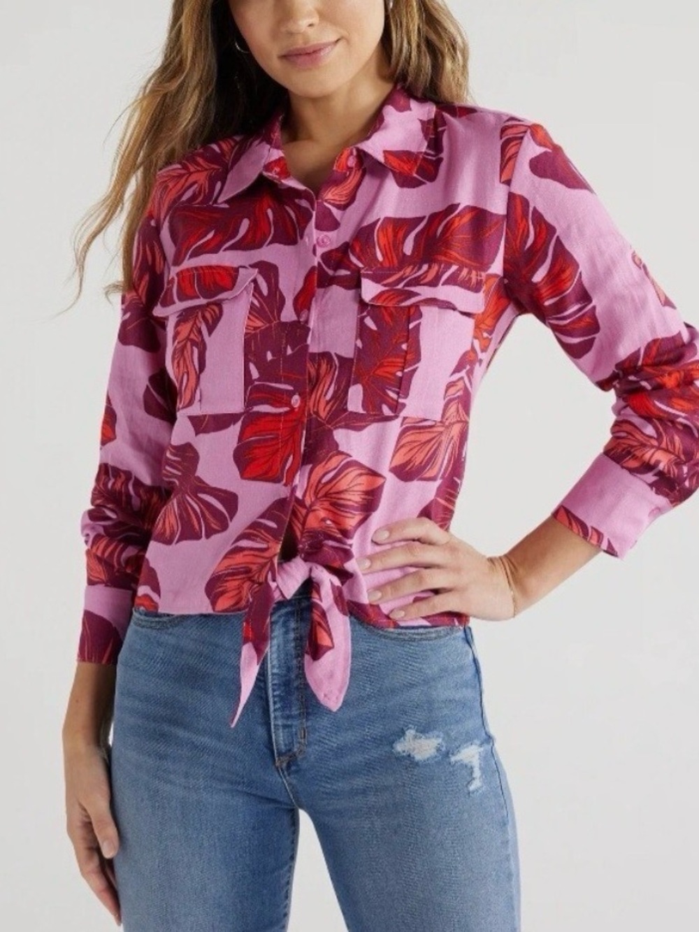 sofia by sofia vergara Pink and Red Tropical Tie-Front Button Shirt